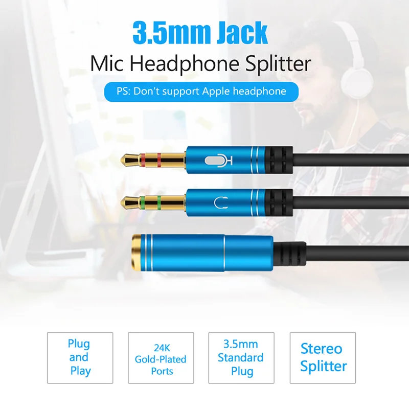 

Headphone Microphone Splitter 3.5mm 2 Male To Female Jack AUX Extension Adapter PC Converter Cord