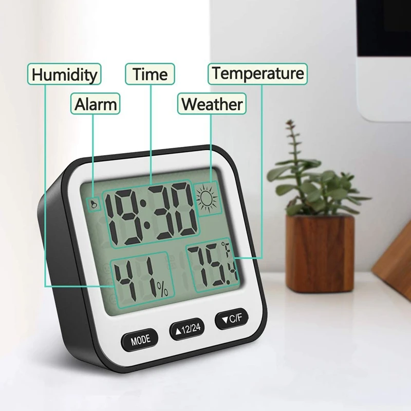 Small Alarm Clock For Bedroom,Digital Clock Lcd Desk Clock Girls Kids Alarm Clock Battery Operated Weather/Temperature/Humidit