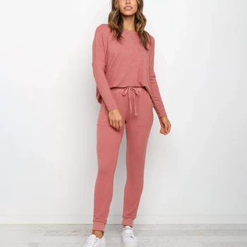 

Irregular Hem Solid Long Sleeve 2 Piece Lady Homewear O Neck Elastic Waist Pants Women Homewares 2020 Autumn Ladies Home Clothes