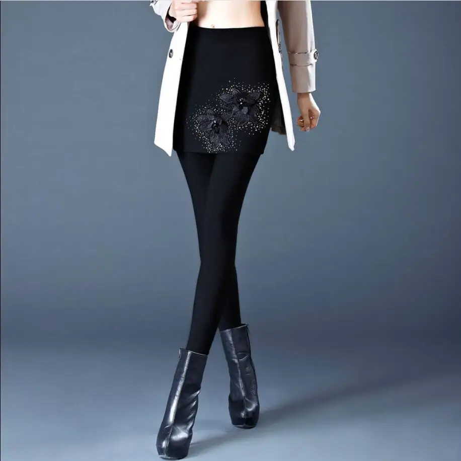 Женские Новые Модные осенние зимние плюс бархатные высокоэластичные леггинсы плотные теплые поддельные две части длинные брюки E119
