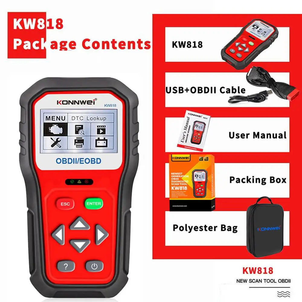 

1Pcs OBD II Cars Diagnostic Check Engine Scanner Auto Code Reader Light Scan Tool Tester Tools KW830 Professional OBD2 KONNWEI