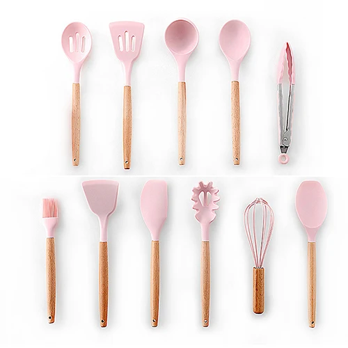 pink 11pcs Новейший набор силиконовых кухонных принадлежностей с деревянной ручкой, антипригарная лопатка черпак, кухонные инструменты FDA с ящиком для хранения - Цвет: pink 11pcs