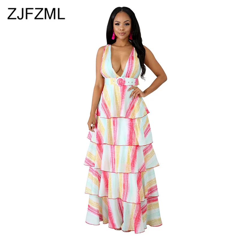 

Colorful Print Summer Beach Dress For Women Deep V Neck Multilayer Ruffles Bohemian Dress Sweet Sleeveless Backless Maxi Dress