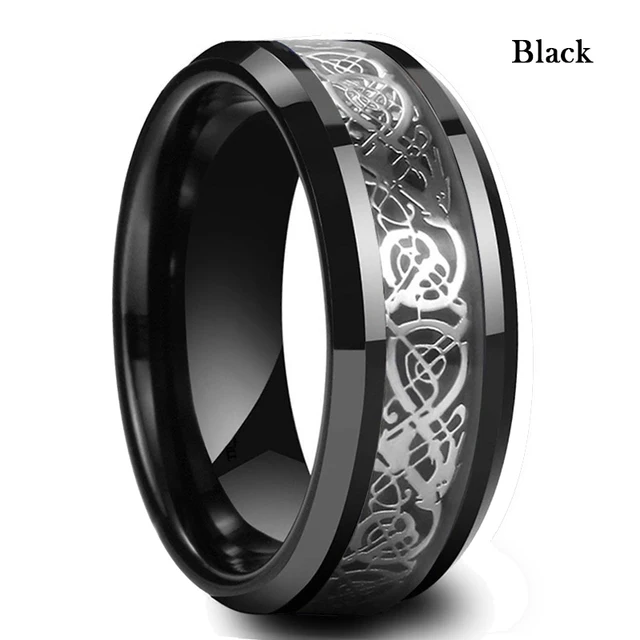 10 Colors 8mm Men's Stainless Steel Celtic Dragon Ring Inlay Red Green Black Carbon Fiber Ring Wedding Band Jewelry Size 6-13 Black