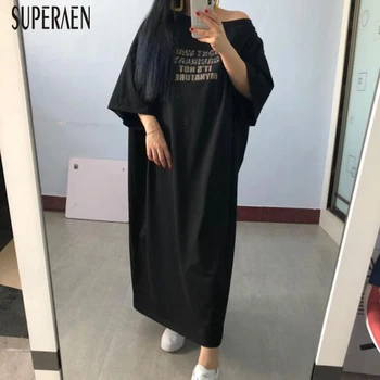 

SuperAen Off Shoulder Women Long Dress Leopard Lettered Fashion Cotton Ladies Dress New 2020 Summer Short-Sleeve Women Clothing