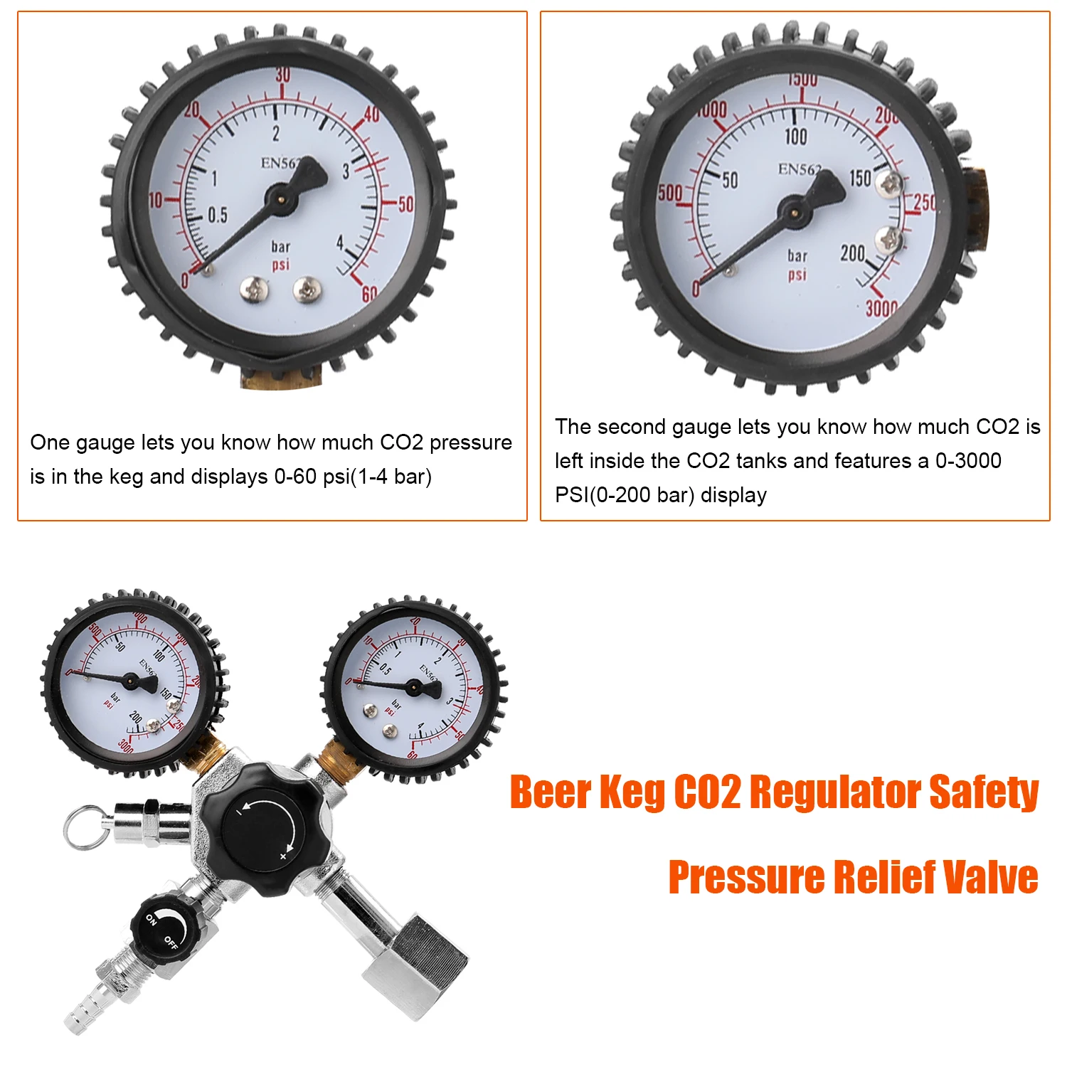 맥주 CO2 케그 레귤레이터 안전 압력 릴리프 밸브 0-3000 PSI 탱크 압력