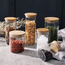 Bamboo Lid Glass Airtight Canister Storage Bottles Kitchen Spices Storage Cans Dustproof/moistureproof Storage Jars for Spices