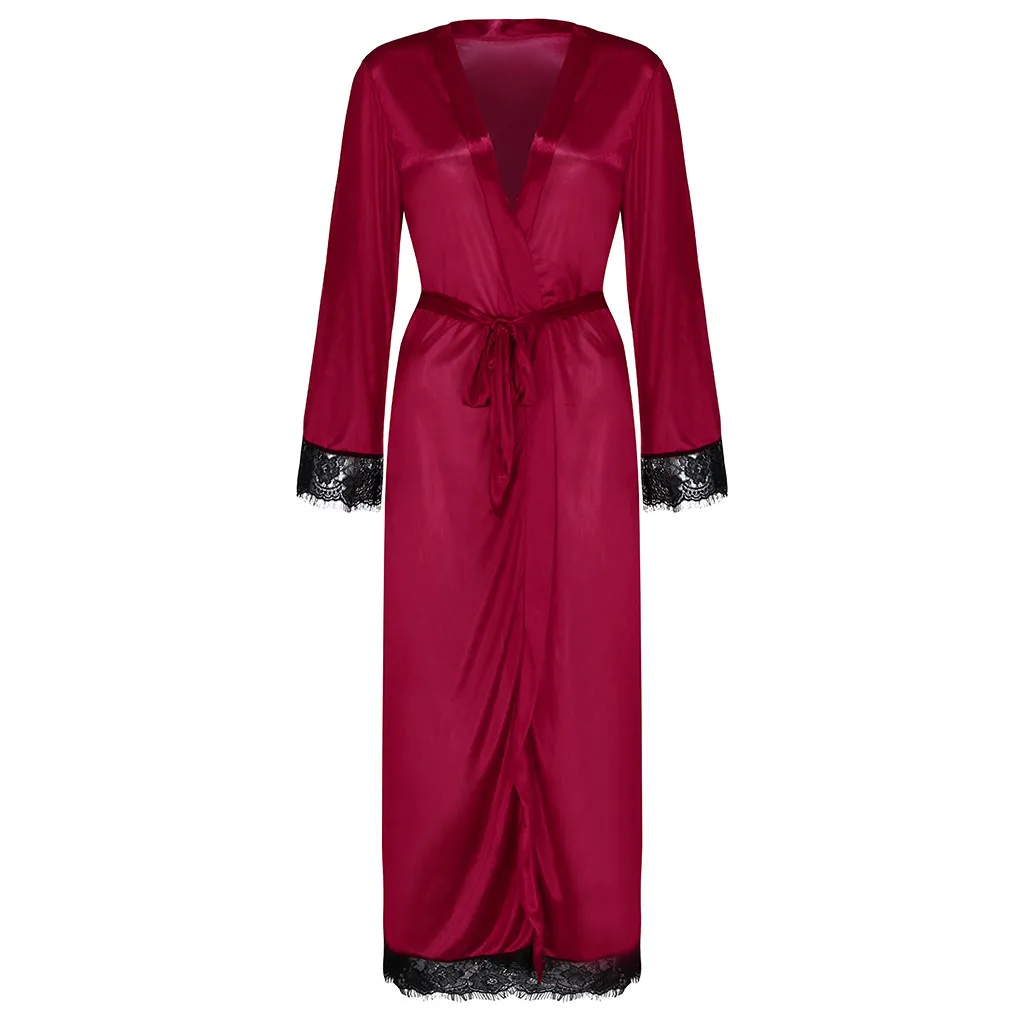 Women Sexy Long Silk Dressing Lace Lingerie Underwear Dress Bath Robe Lace Lingerie Wine Red Nightdress Hot Ladies Nightgown2019