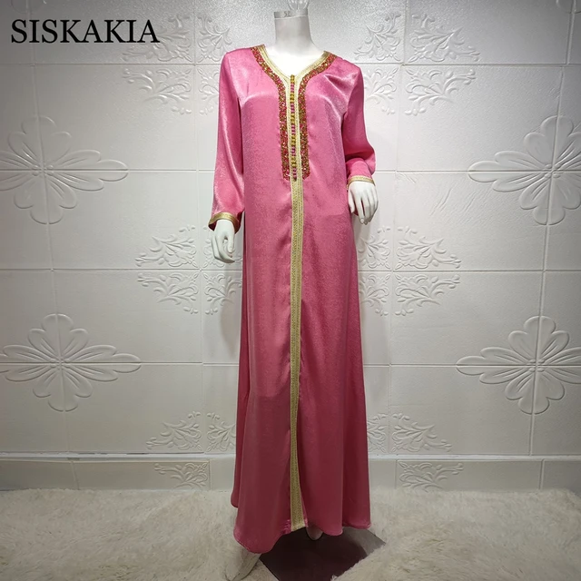 Siskakia Fashion Muslim Hijab Dress For Women Eid 2021 Turkey Arabic Dubai Moroccan Diamond Ribbon V Neck Long Sleeve Jalabiya 5