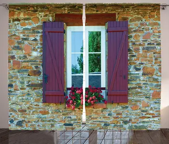 

Country Curtains Brick House with Window Curtain Shutters and Flowers Mediterranean Style Print Living Room Bedroom Window