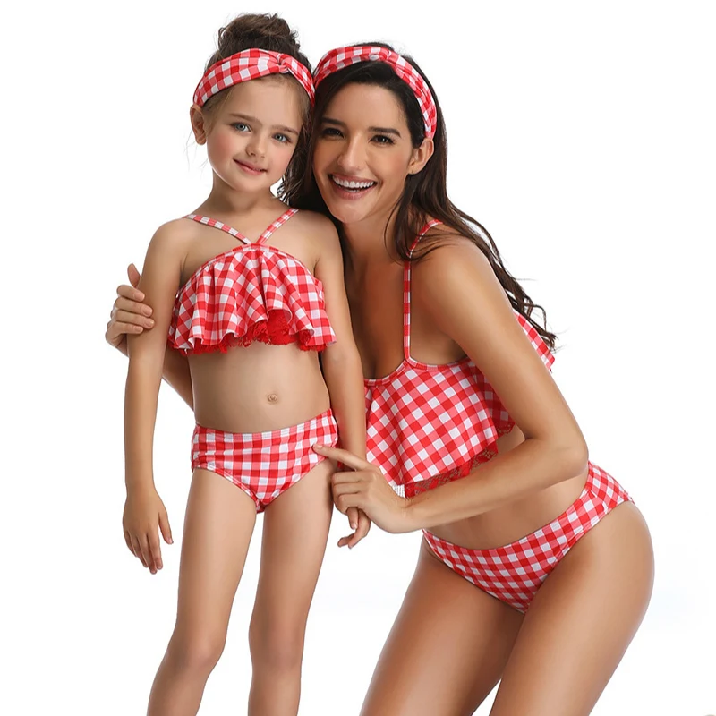 Red Plaid Mother and Daughter Swimsuit Mommy Me Swimwear Bikini Family Look Summer Matching Clothes Outfits Mom Mum Dresses orange bikini set
