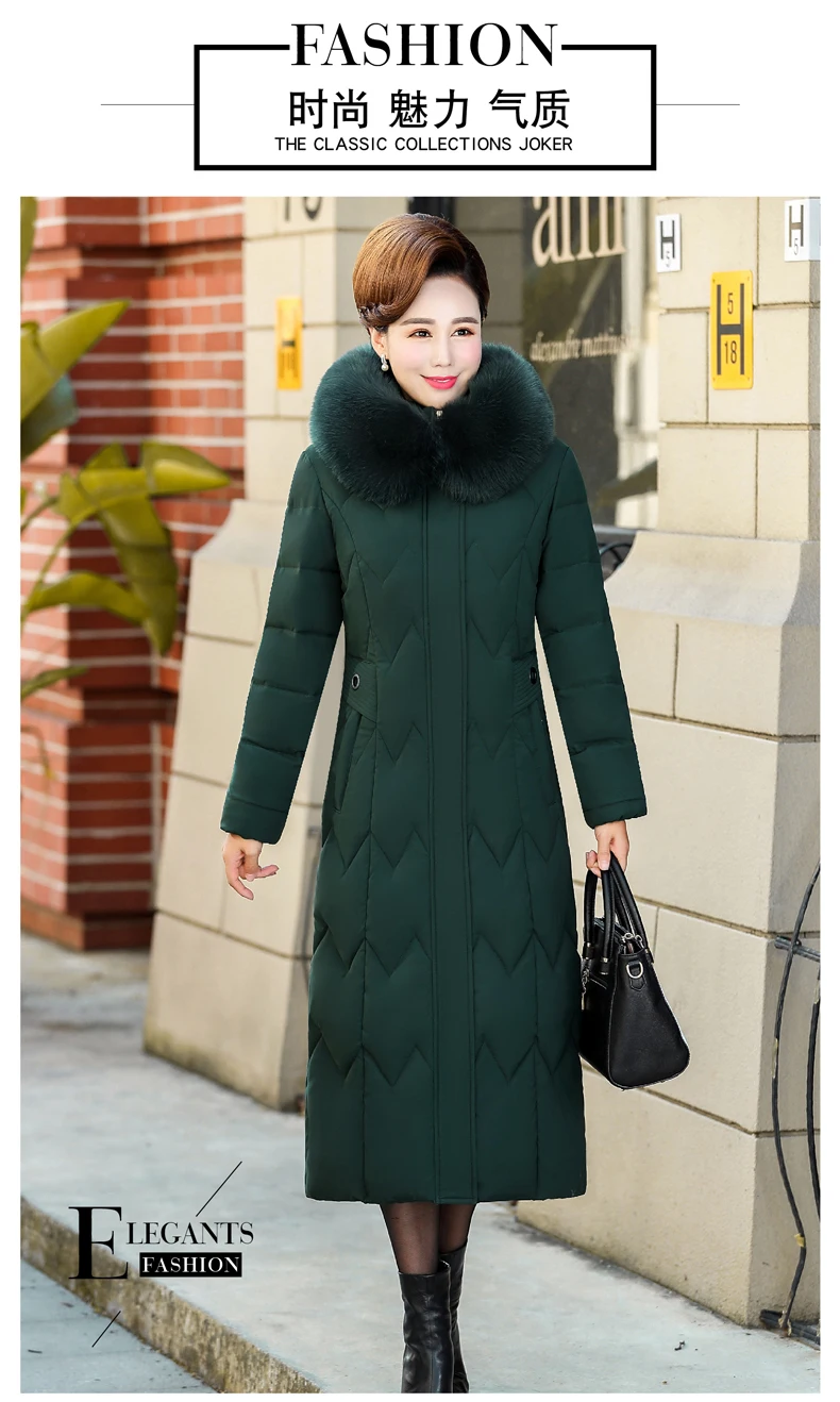 Новинка года, модное женское зимнее пуховое хлопковое приталенное длинное пальто для девочек, Модная хлопковая куртка с меховым воротником и капюшоном большого размера