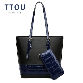 

TTOU 2 PCS/set Women Shoulder Bag Quality Leather Crocodile Pattern Patchwork Large Tote Messenger Bags Black Luxury Handbag