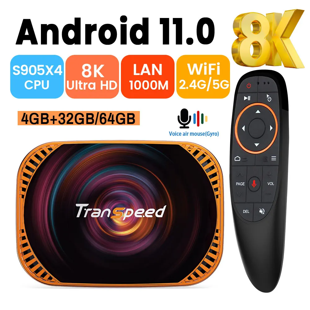 Transpeed Android 11 Amlogic S905X4 TV Box Dual wifi 32G 64GB BT4.0 4K 8K 3D 1000M Fast Tv Receiver Media Player Set top box - ANKUX Tech Co., Ltd