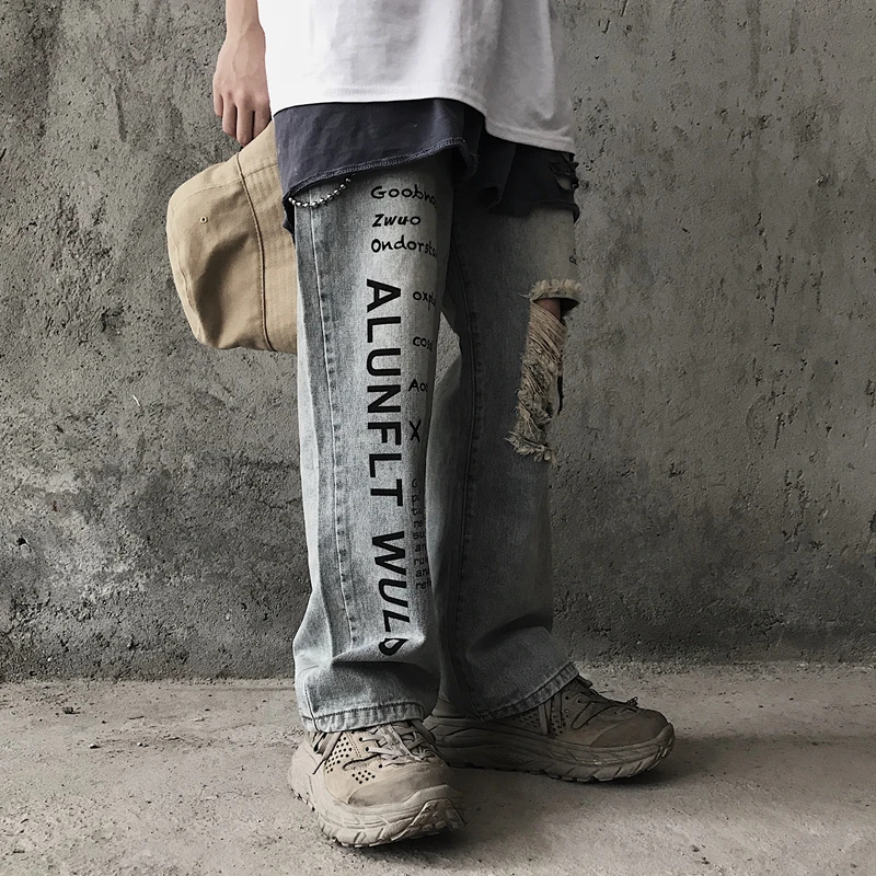 Принт с английскими буквами уличная рваные с дырками джинсовые свободные прямые джинсы женские мужские корейские Харадзюку шаровары хип хоп Брюки Панк