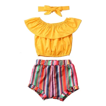 

2020 Baby Summer Clothing 1-6T 3Pcs Toddler Kid Baby Girl Clothes Ruffle Top Colorful Striped Shorts Headband Outfit
