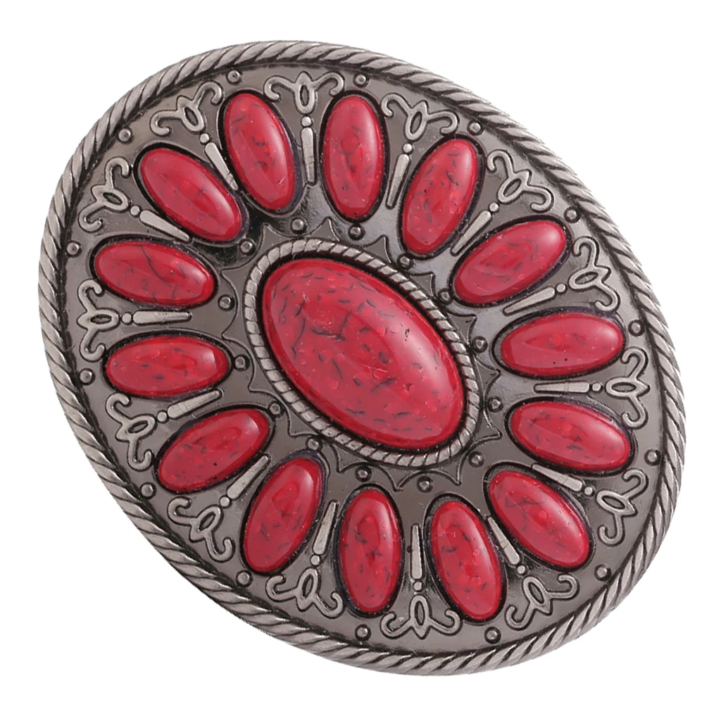 Bohemia Style Oval Red Gem Beads Metal Western Cowboy Belt Buckle