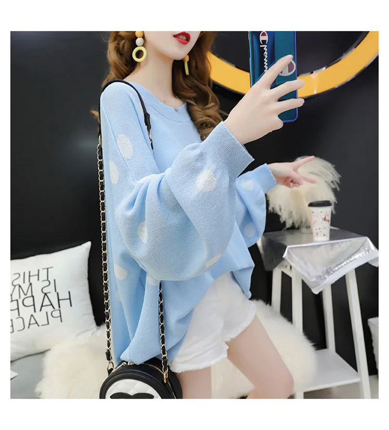 Fitshinling Lantern Sleeve Oversized Sweater Women Korean Style Polka Dot Pullover Knitted Jumper Loose Autumn Winter Sweaters