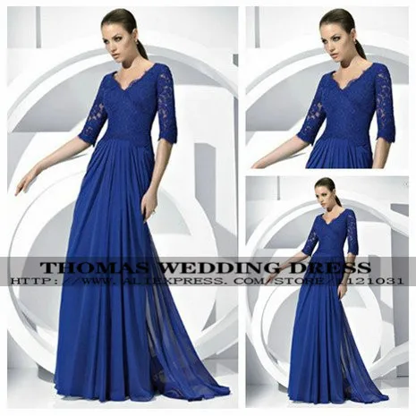 

2019 New Elegant Blue Chiffon V Neck Half A Line Formal Mother of the Bride Dresses Lace Split WV-756
