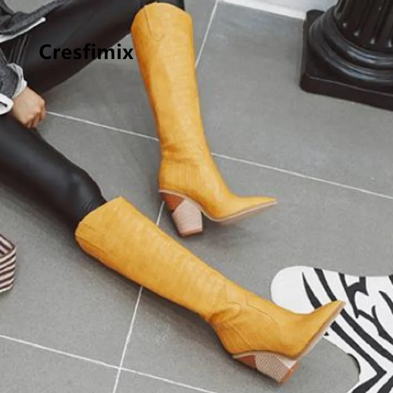 Cresfimix/Botas De Mujer; женские классические ботинки высокого качества; осенние высокие ботинки; Женские зимние кожаные ботинки желтого цвета с острым носком; C6099