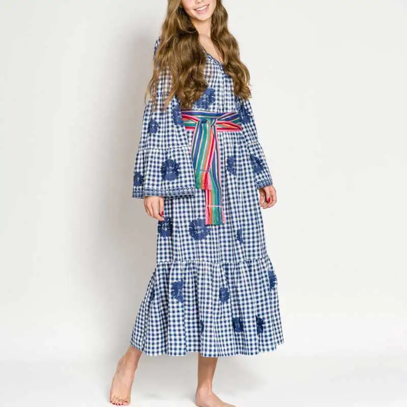 Богемный Вдохновленный Синий Gingham платье хлопок v образный вырез вышивка Украина