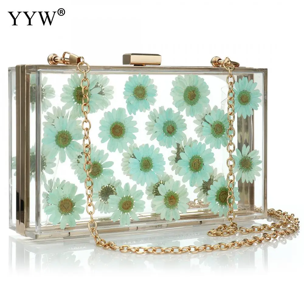 Acrylic Chain Transparent Square Box Flowers Box Clutch Clear Handbags