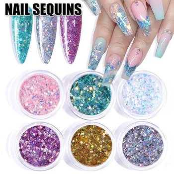 

High 6pcs Pink Cute Nail Glitter Set Holographic Nail Powder Flakes Manicure Ultra Thin Nail Art Sequin Chromes Pigment