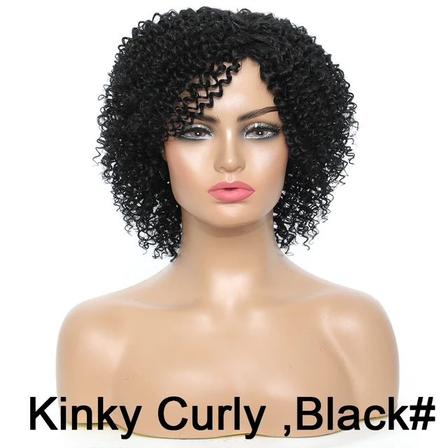 12” Short Hair Afro Kinky Curly Synthetic Wigs With Bangs For Black Women Ombre Blonde Red Glueles Cosplay Wig Perruque Courte Kinky Curly Black