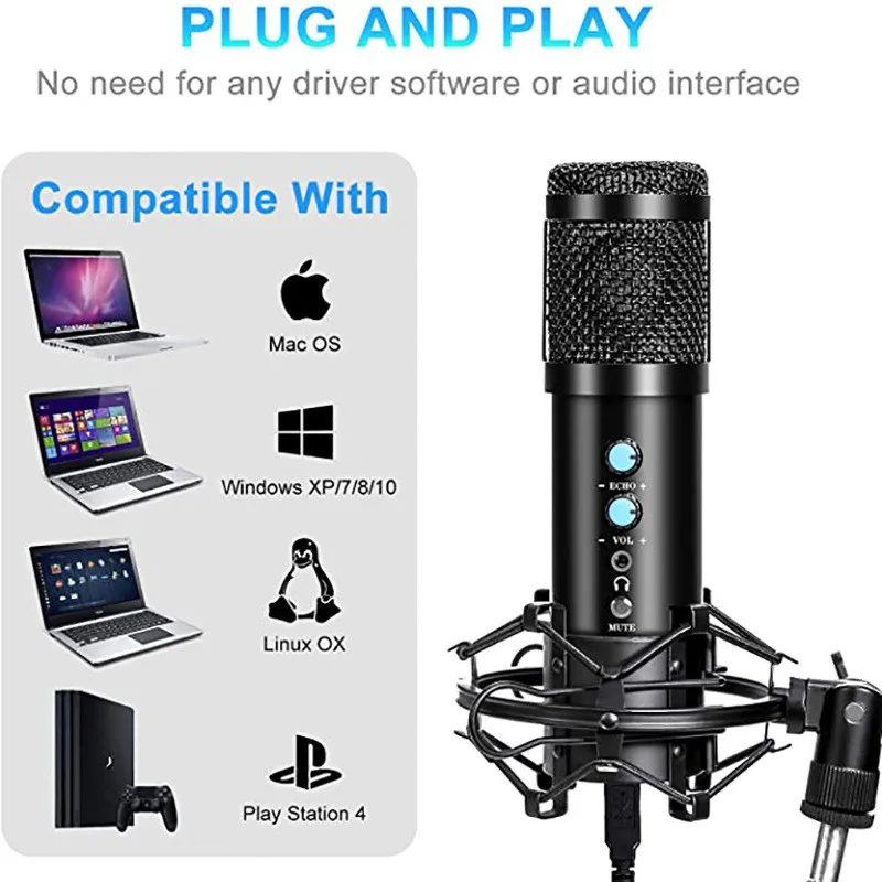 Usb Condenser Computer Microphone Plug&play Noise Canceling 