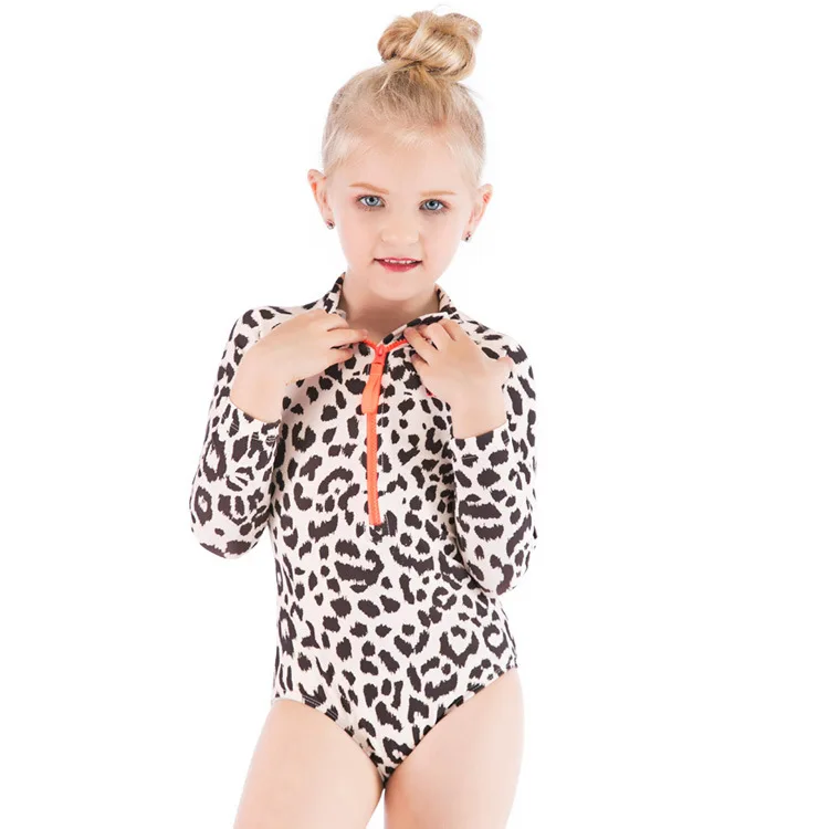 

2019 KID'S Swimwear Europe And America Girls One-piece Leopord Pattern Long Sleeve Sun-resistant Baby Girls Swimwear Swimwear