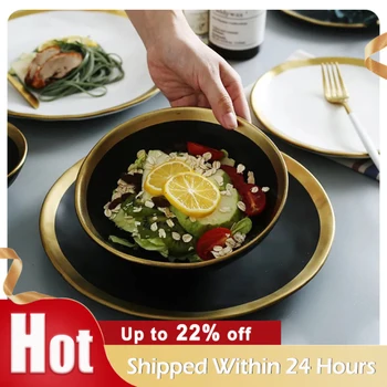 

European Gold Side Ceramic Plate Western Food Steaks Dish Rice Salad Marble Bowl Dessert Tableware Dinnerware Tray Home Kitchen
