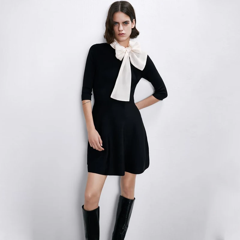 Ladyfirsy ZA, однотонные платья для женщин, элегантные, с пятиточечным рукавом, с милым бантом, с воротником, для девушек, вечерние, эффектные, для женщин, мини-платье