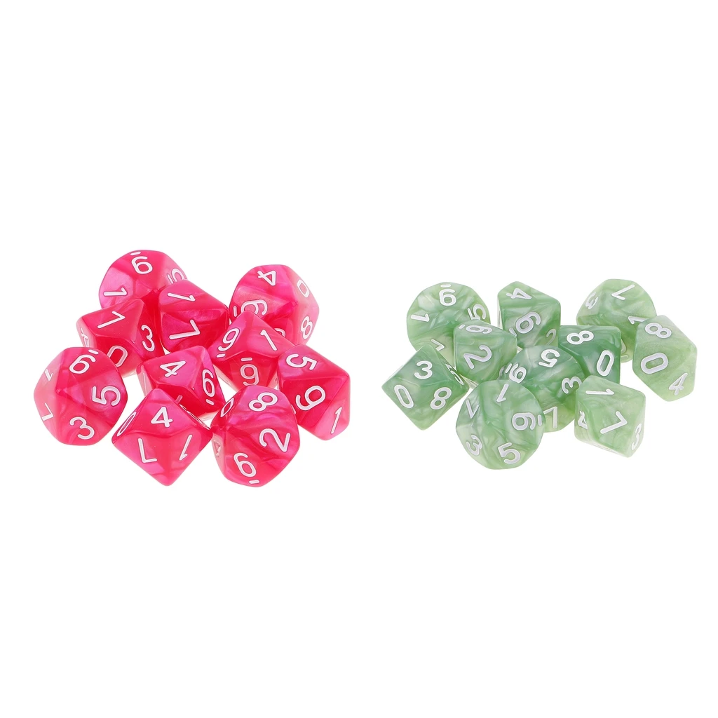 20pcs 10 Sided Dice D10 Polyhedral Dice for Dungeons and Dragons Game Green + Pink