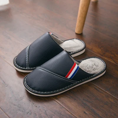 E Couple's Leather Home Slippers Winter Warm Indoor Bottom Thick Slippers anti-slip Household Shoes - Цвет: E