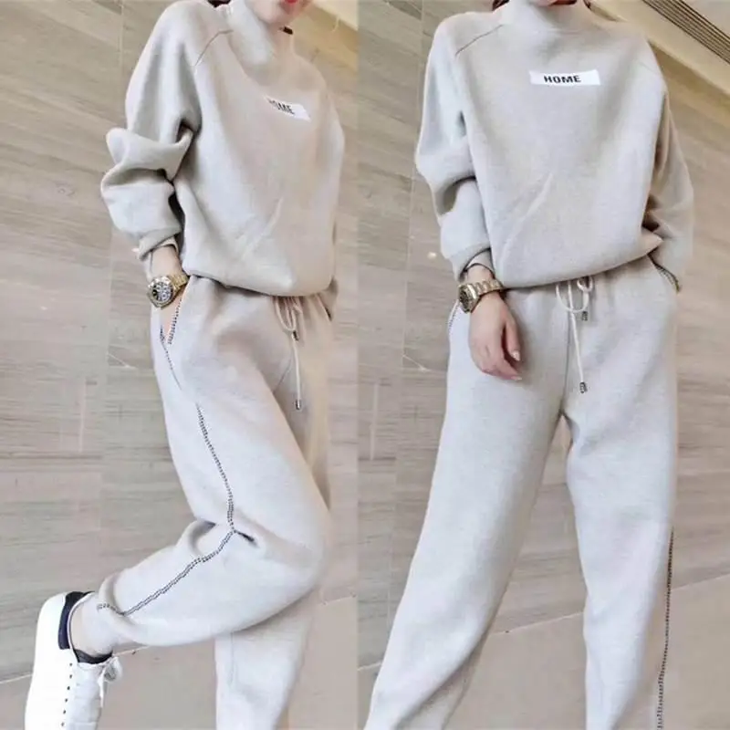 Thickened Knitting Sweater 2 Piece Set Women Pant And Top Casual Tracksuit Women Korean Set Two Piece Outfits Women's Tracksuits - Color: Beige