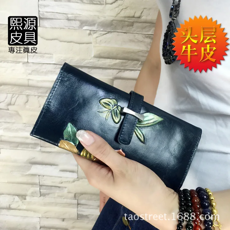 

New Style Ethnic-Style Embossed Wallet Women's Long LADY'S Wallet Large Wallet Pull-belt Genuine Leather Full-grain Leather