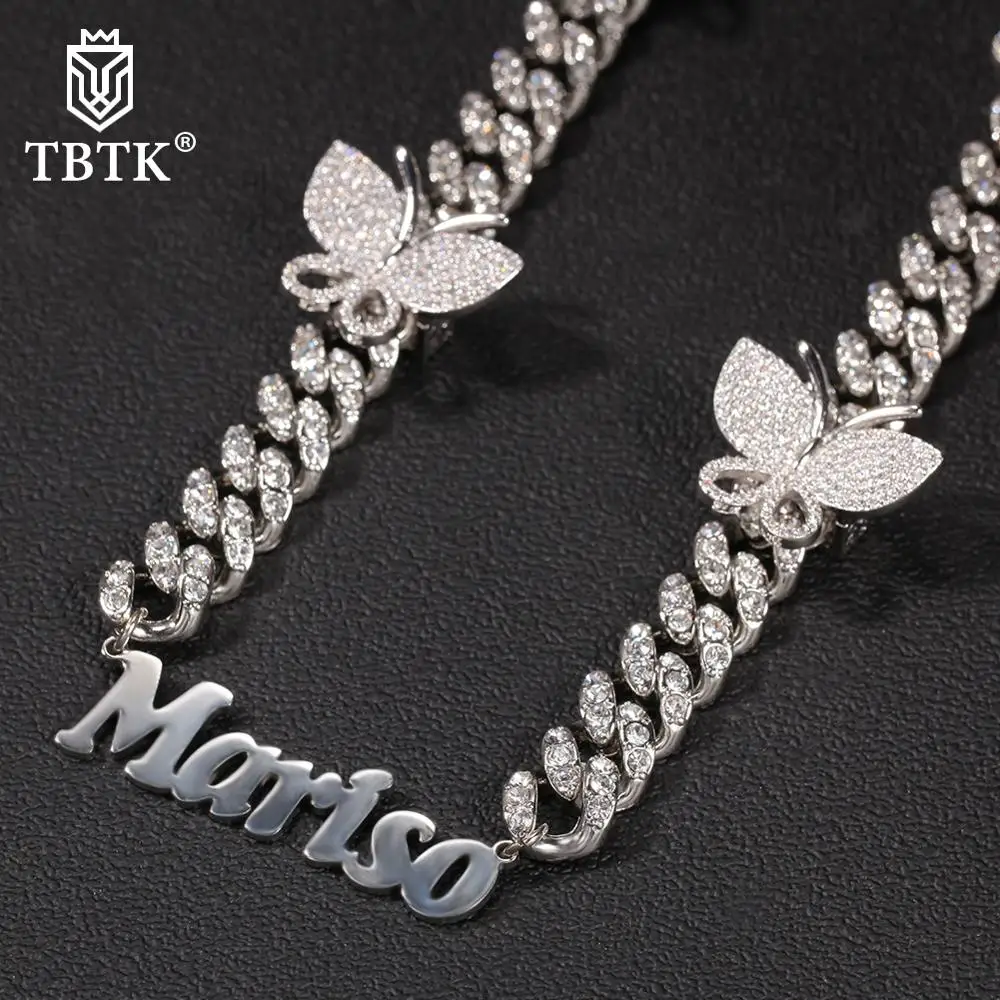 

TBTK Hiphop 12MM CZ Cuban Chain Personalized Stainless Steel Letter Name Necklace with Butterflies Choker Necklace Nameplate