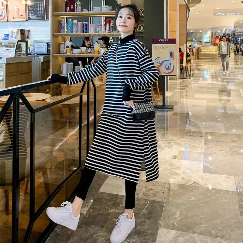 Stripe dresses Зимнее Длинное свободное флисовое платье в полоску для беременных, рукав-фонарик, водолазка с разрезом сбоку, Повседневное трикотажное Хлопковое платье для беременных женщин - Цвет: Stripe dresses