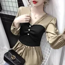 

Stitching Fake Two-Piece Long-Sleeved Shirt Women's Slim V-neck Top Blusas Ropa De Mujer
