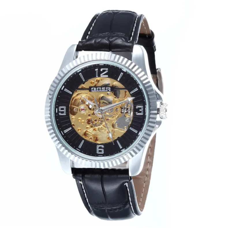

Goer Fully Automatic Hollow out Analog Watch Men Leather Strap Watch Gz0034