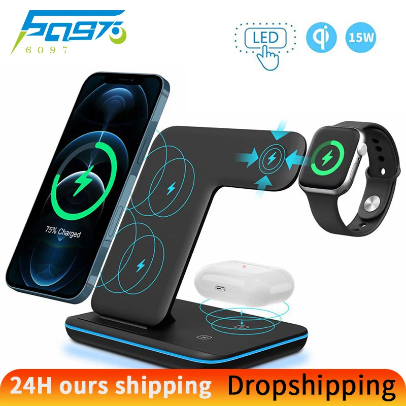 3 in 1 Wireless Charger Stand Fast Charging Dock Station for iphone Samsung Xiaomi Airpods Apple Watch LED Charge Indicator
