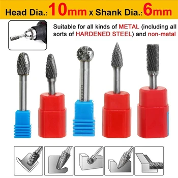 

6mm Shank Tungsten Carbide Rotary Point Burrs Double Cut Solid Groove 10mm Diameter Rotary File Grinding Head Abrasive Tool