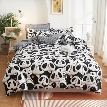 

Cute panda Cartoon Style Bedding Set bed sheet pillowcase & duvet cover set 2/3/4/5PCS Fashion new Geometric flat sheet set