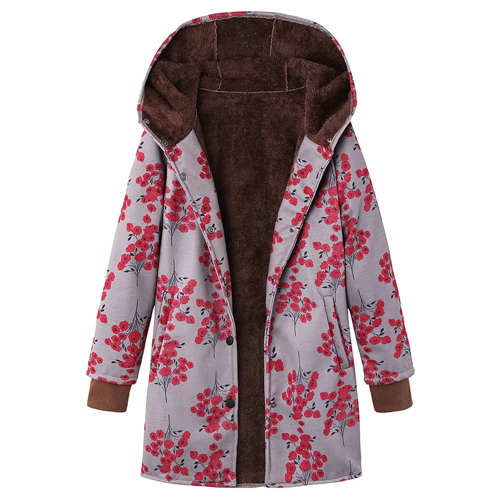 Wipalo/осенне-зимнее плюшевое пальто с капюшоном, новинка года, женские хлопковые парки с цветочным принтом, Толстая теплая куртка, бархатное пальто, верхняя одежда, большие размеры - Цвет: Red