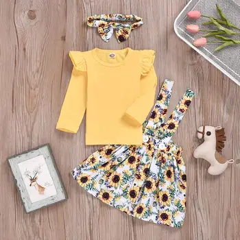 

2019 Autumn Baby Girls long sleeve Yellow top + sunflower Dress + Headband 3pcs Outfits Set for 3-24M