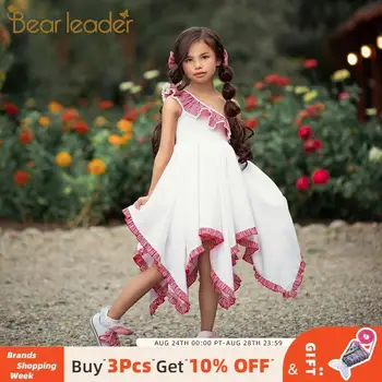 

Bear Leader Girl Dress 2020 Summer Princess Dress Irregular Design Oblique Collar Princess Dress With Plaid Decoration Kid Dress