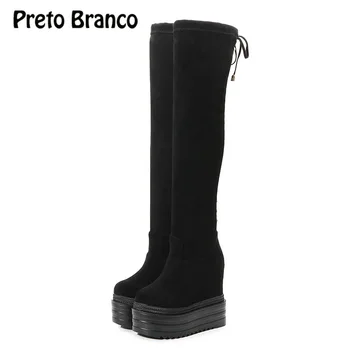 

PRETO BRANCO Slope Knee Boots Female Autumn and Winter Slender and Long Cylinder Plush Thick Bottom High Cotton Boots Women