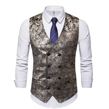 

Double Breasted Mens Suit Vest Gold Silver Vest Men Fashion Casual Flower vests business waistcoat man 3xl