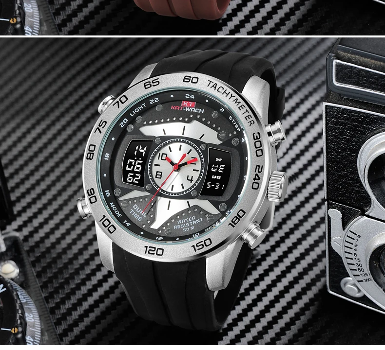 KAT-WACH, модные мужские военные часы, 50 метров, водонепроницаемые часы, светодиодный, кварцевые часы, спортивные часы, мужские часы