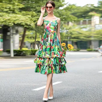 

Runway High-Quality Summer New Women'S Wear Party Beach Vacation Casual Green Cactus Print Sling Cascading Midi Dress